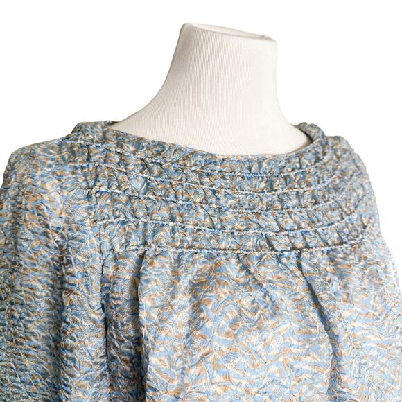 Lafayette 148 New York Silk Blend Paley Jacquard Long Sleeve Top Blue Cream XS - Picture 5 of 16